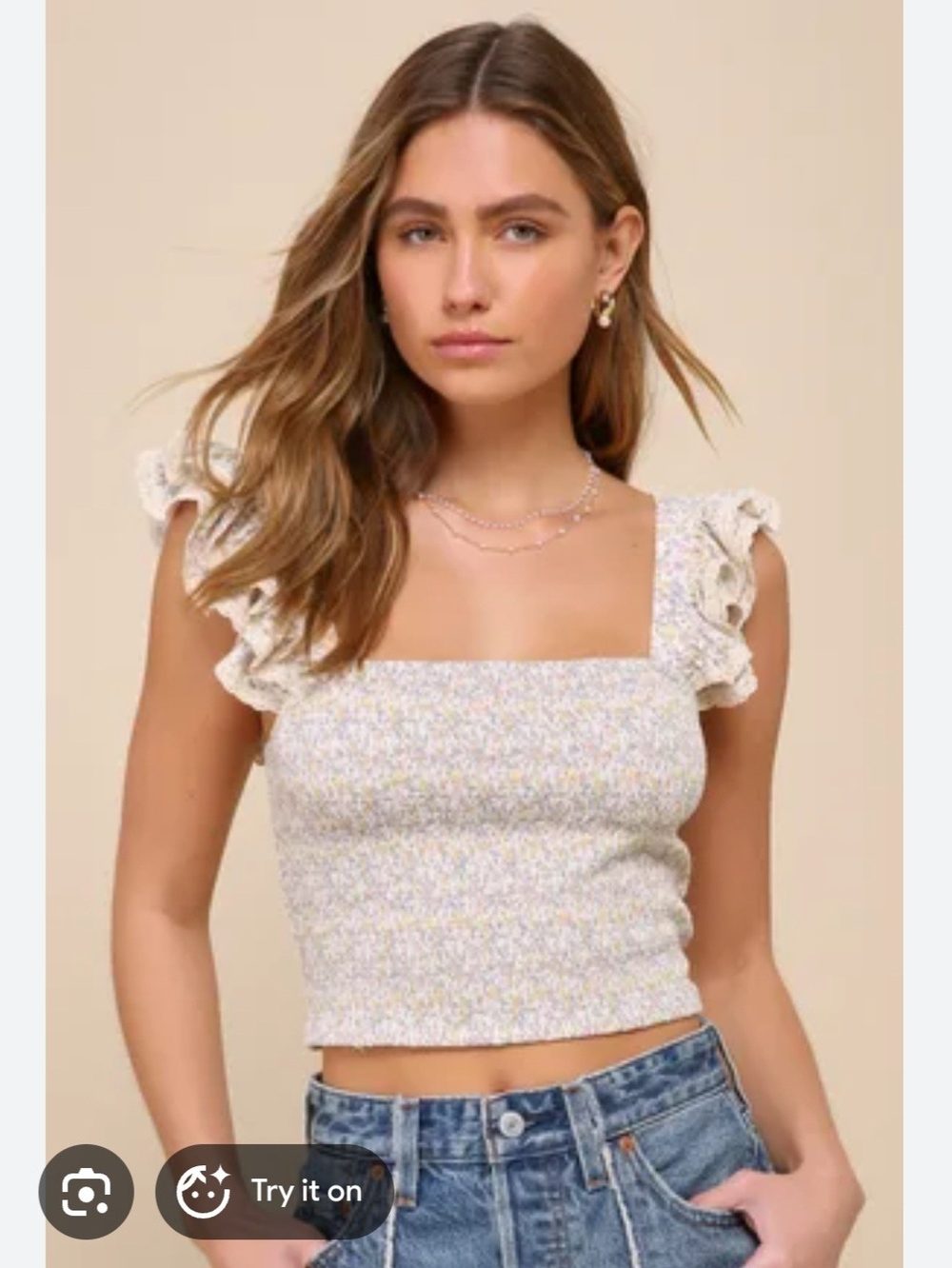 NWOT Lulu's Cream Floral Smocked Square-Neck Ruffle Crop Top
